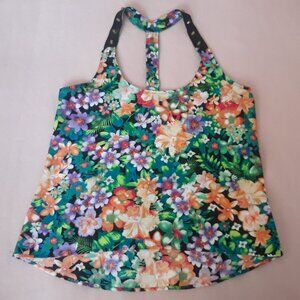 Material Girl Floral Tank Top, Racer Back with Studded Faux Leather Straps Sz. L